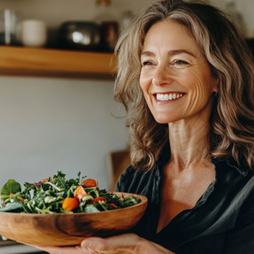 Smiling senior woman holding a salad