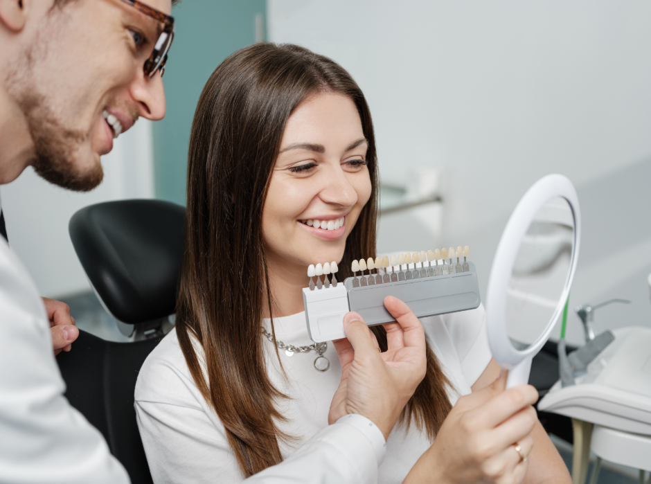 Dentist showing patient veneer shades